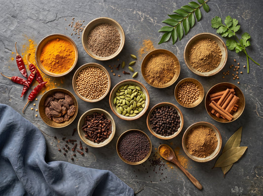 Essential Bangladeshi spices including turmeric, cumin, coriander, cardamom, cinnamon, cloves and whole spice ingredients
