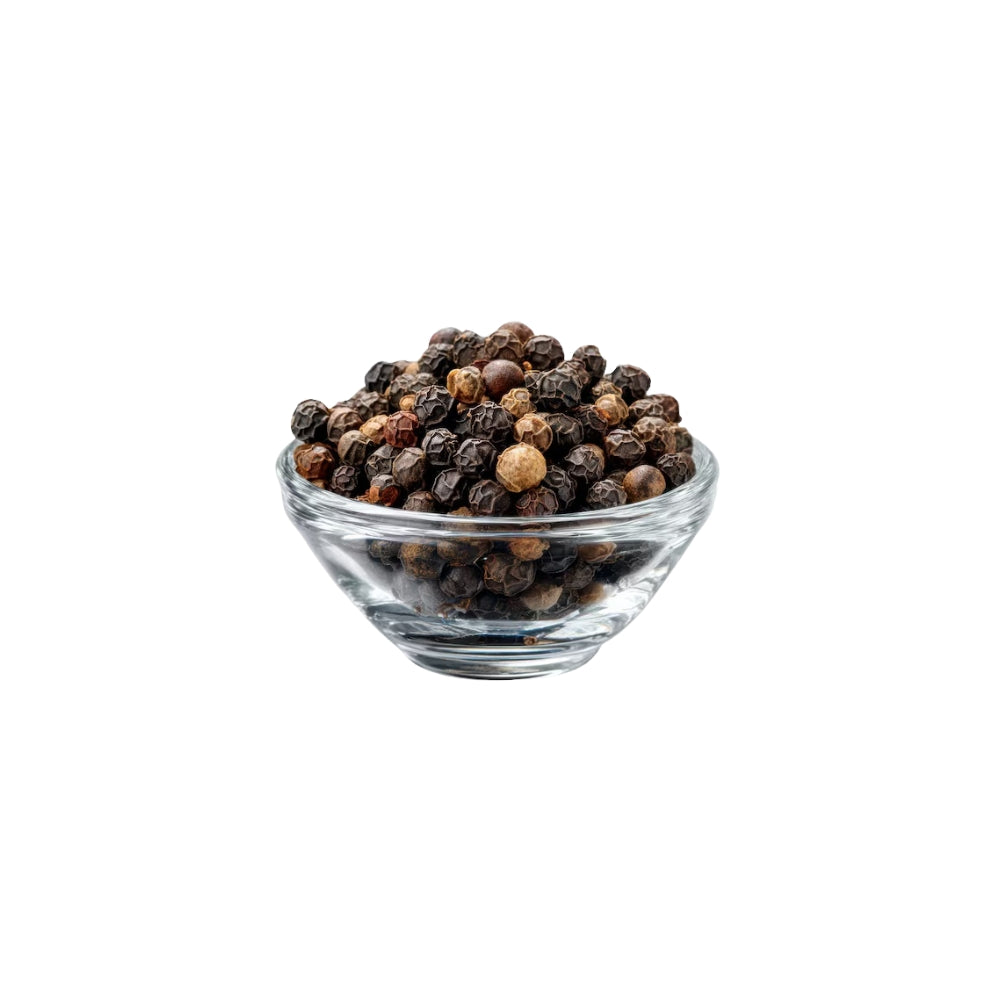 Premium black peppercorns in bowl